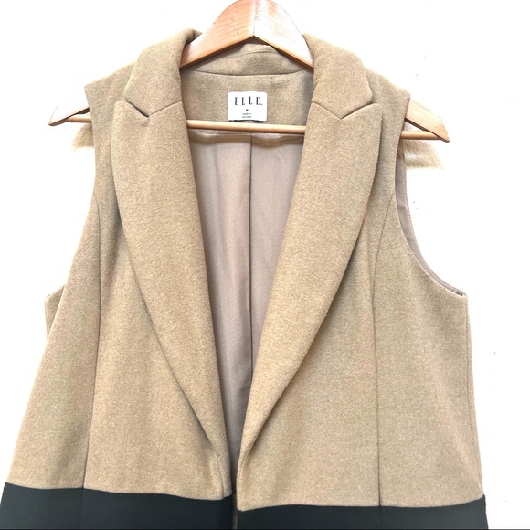 Elle Wool Blend Tan Black Colorblock Long Vest J-15 - Picture 6 of 14
